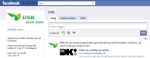 Du kan se DSB’s nye virksomhedsprofil på Facebook via adressen www.facebook.dk/omdsb