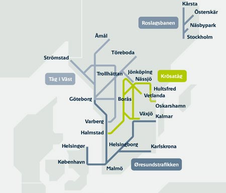 Krösatåg-nettet dækker hovedparten af det centrale Sydsverige og forbinder DSB’s eksisterende aktiviteter i Göteborg-området og Øresundstrafikken.