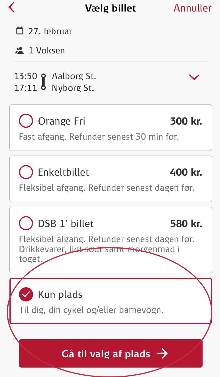 cykelpladsbillet i DSB's app 5