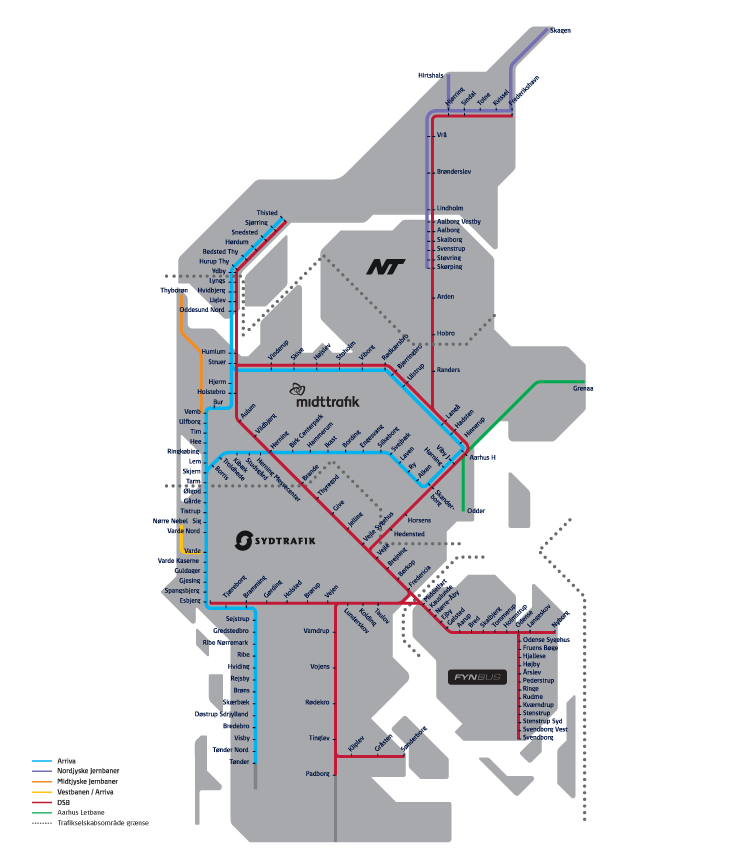 kort over trafikselskabomr&aring;der i Jylland og p&aring; Fyn