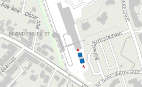 Kort over aflåst cykelparkering på Brønderslev station